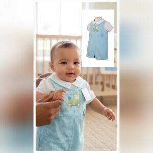 Petit Ami Blue Gingham Tractor Romper Sz 3M